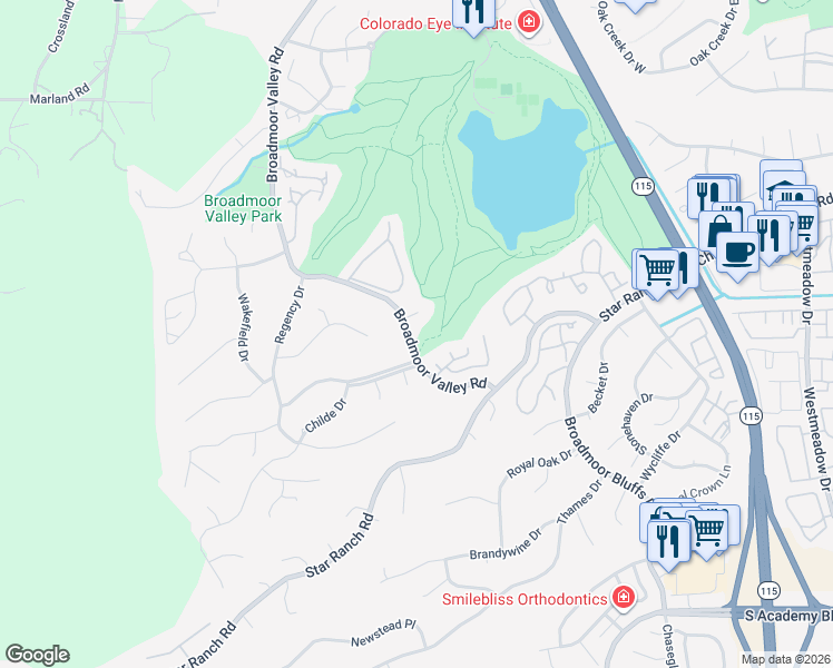 map of restaurants, bars, coffee shops, grocery stores, and more near 20 Golf Gate Lane in Colorado Springs