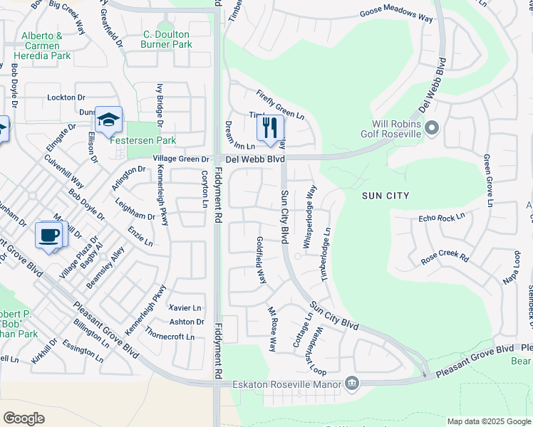map of restaurants, bars, coffee shops, grocery stores, and more near 6108 Granite Flat Lane in Roseville