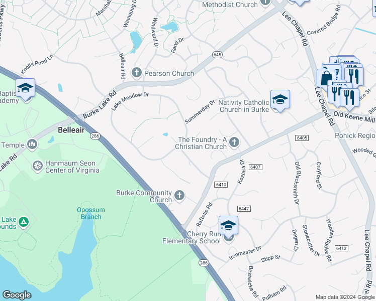 map of restaurants, bars, coffee shops, grocery stores, and more near 6504 Burke Woods Drive in Burke