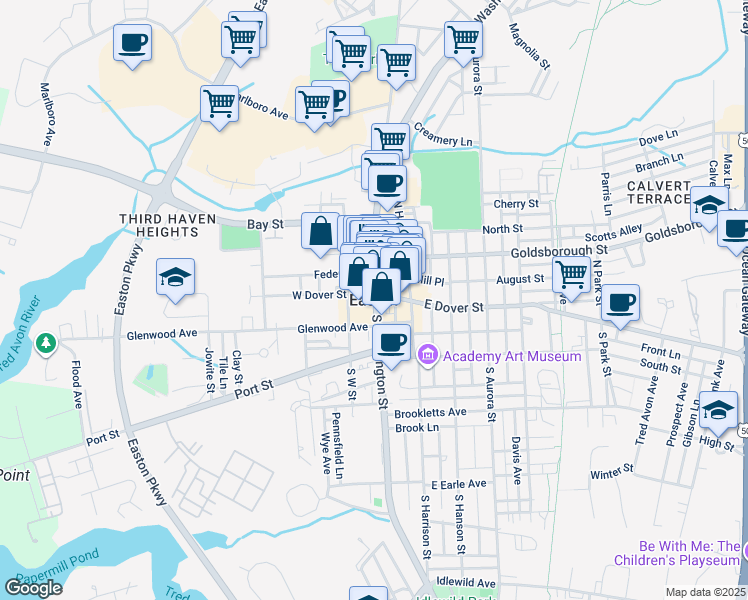 map of restaurants, bars, coffee shops, grocery stores, and more near in Easton