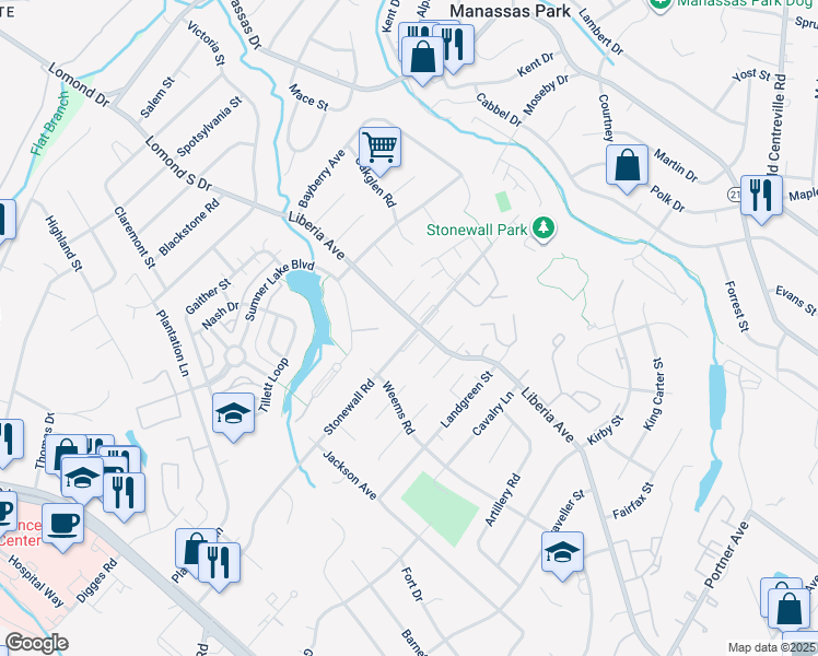 map of restaurants, bars, coffee shops, grocery stores, and more near 8522 Stonewall Road in Manassas