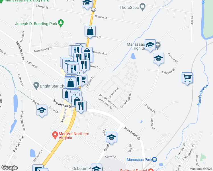 map of restaurants, bars, coffee shops, grocery stores, and more near 8074 Towering Oak Way in Manassas