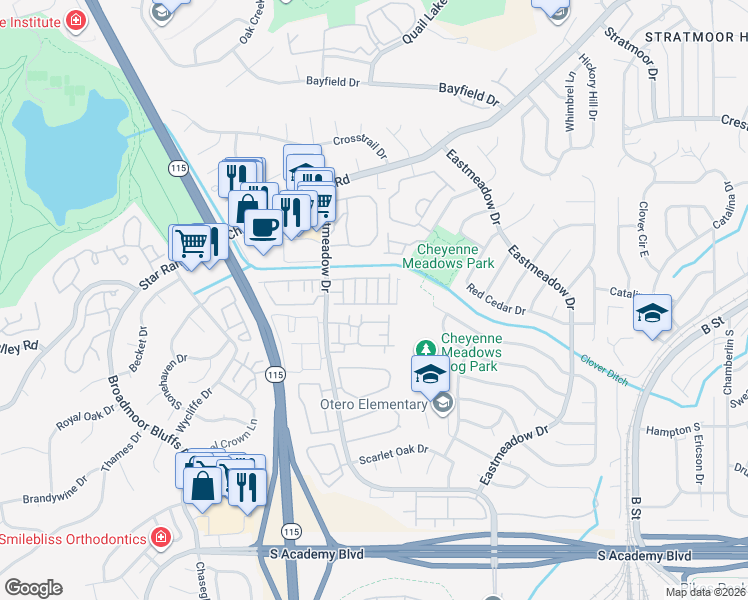 map of restaurants, bars, coffee shops, grocery stores, and more near 3926 Christy Heights in Colorado Springs