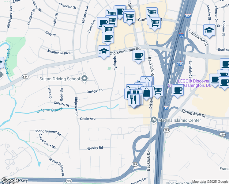 map of restaurants, bars, coffee shops, grocery stores, and more near 6605 Spring Road in Springfield