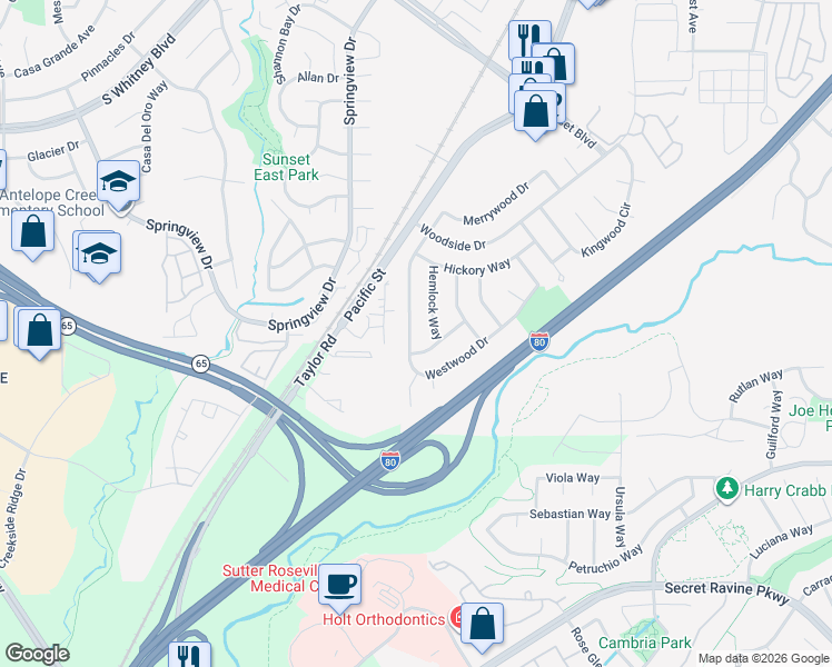 map of restaurants, bars, coffee shops, grocery stores, and more near 6335 Westwood Drive in Rocklin