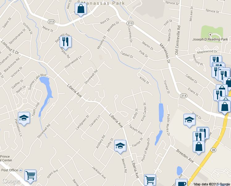 map of restaurants, bars, coffee shops, grocery stores, and more near 9058 Old Hickory Court in Manassas