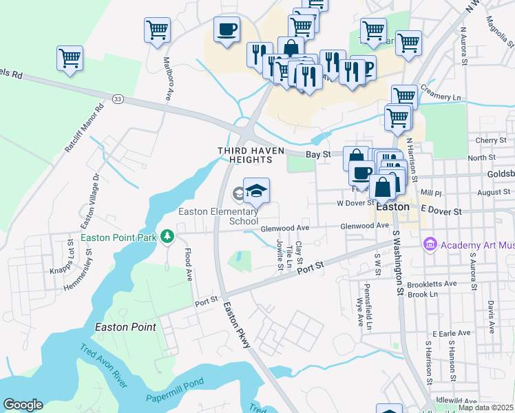 map of restaurants, bars, coffee shops, grocery stores, and more near 307 Glenwood Avenue in Easton