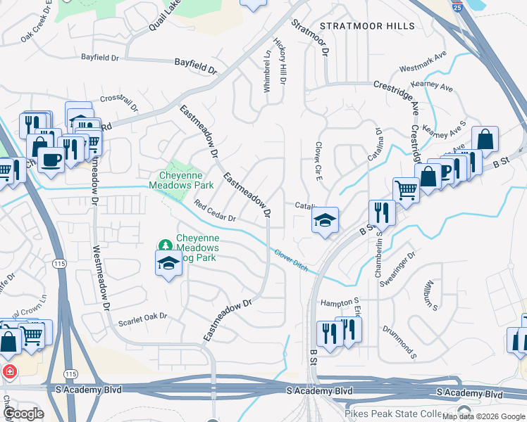 map of restaurants, bars, coffee shops, grocery stores, and more near 3940 Valley View Street in Colorado Springs