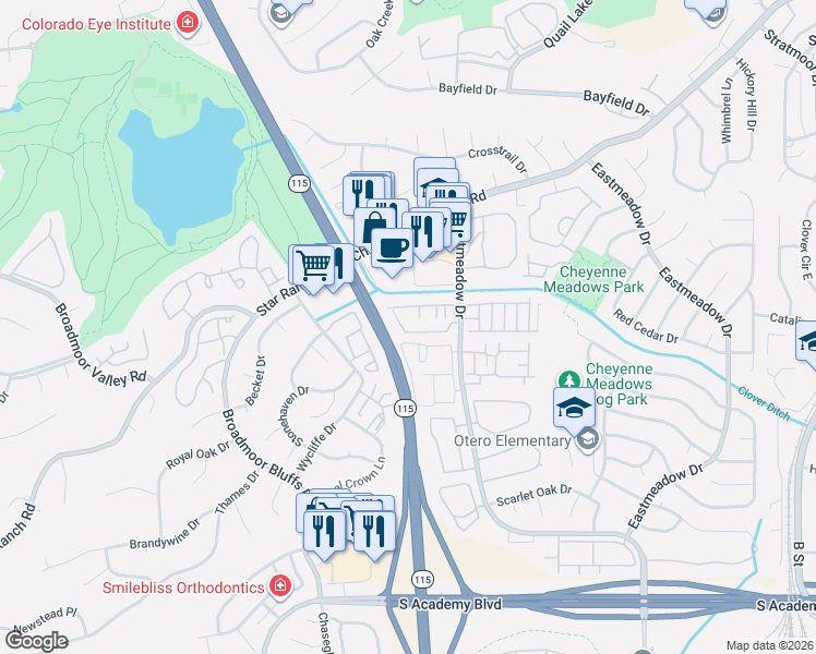 map of restaurants, bars, coffee shops, grocery stores, and more near 836 London Green Way in Colorado Springs