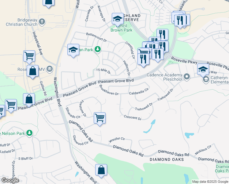 map of restaurants, bars, coffee shops, grocery stores, and more near 133 Valleywood Way in Roseville