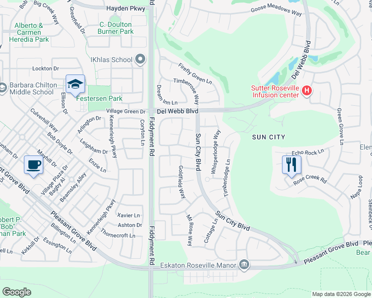 map of restaurants, bars, coffee shops, grocery stores, and more near 6108 Granite Flat Lane in Roseville