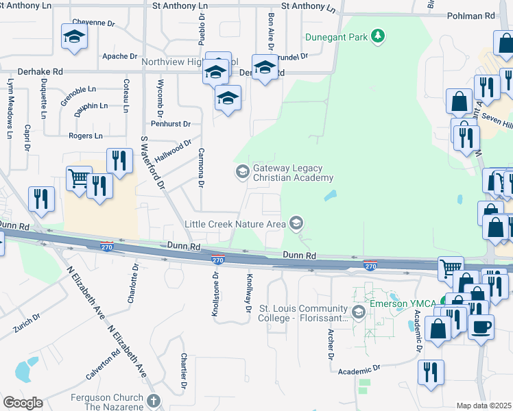 map of restaurants, bars, coffee shops, grocery stores, and more near 1600 Willow Wren Court in Florissant