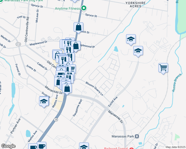 map of restaurants, bars, coffee shops, grocery stores, and more near 8074 Towering Oak Way in Manassas