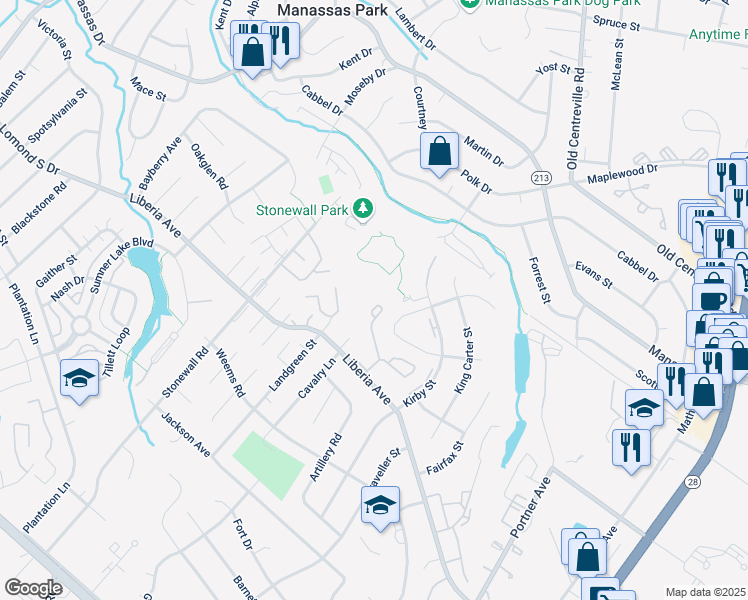 map of restaurants, bars, coffee shops, grocery stores, and more near 9058 Old Hickory Court in Manassas