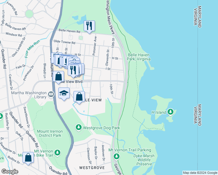 map of restaurants, bars, coffee shops, grocery stores, and more near 6604 10th Street in Alexandria
