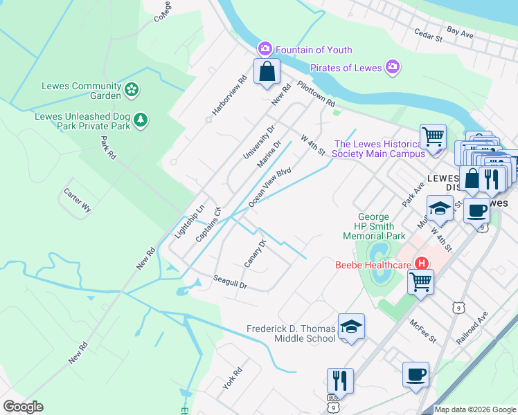 map of restaurants, bars, coffee shops, grocery stores, and more near 235 Marina Drive in Lewes