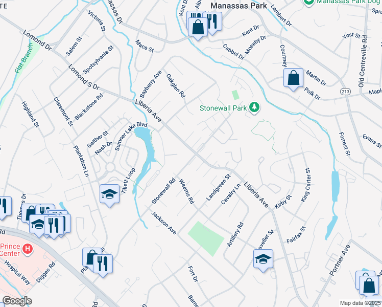map of restaurants, bars, coffee shops, grocery stores, and more near 8522 Stonewall Road in Manassas