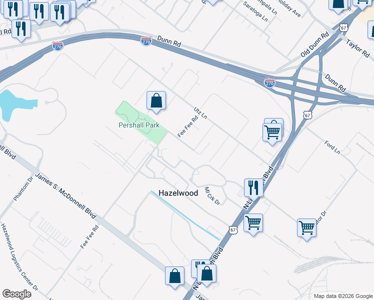 map of restaurants, bars, coffee shops, grocery stores, and more near 415 Fee Fee Hills Drive in Hazelwood