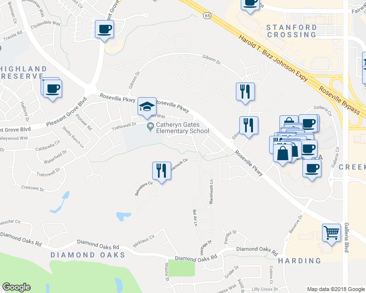 map of restaurants, bars, coffee shops, grocery stores, and more near 141 Bridgeway Court in Roseville