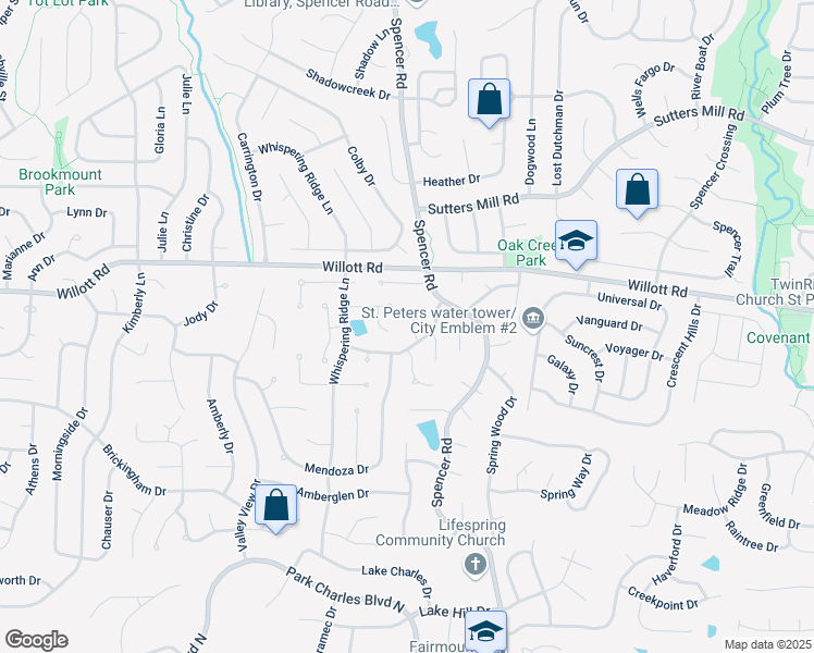 map of restaurants, bars, coffee shops, grocery stores, and more near 5 Rustic Meadow Court in Saint Peters