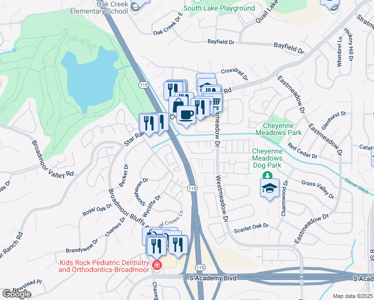 map of restaurants, bars, coffee shops, grocery stores, and more near 884 London Green Way in Colorado Springs