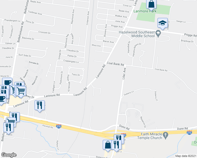 map of restaurants, bars, coffee shops, grocery stores, and more near 11424 Larimore Road in St. Louis