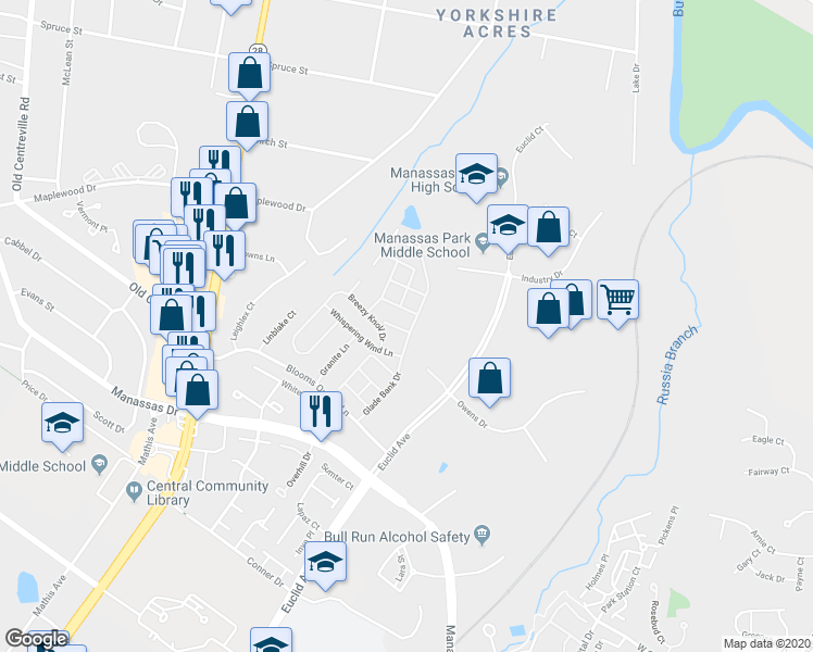 map of restaurants, bars, coffee shops, grocery stores, and more near 8100 Levity Place in Old Town Manassas