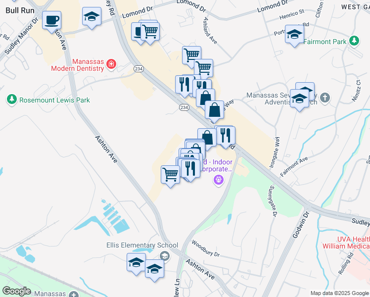 map of restaurants, bars, coffee shops, grocery stores, and more near 8200 Sudley Road in Manassas