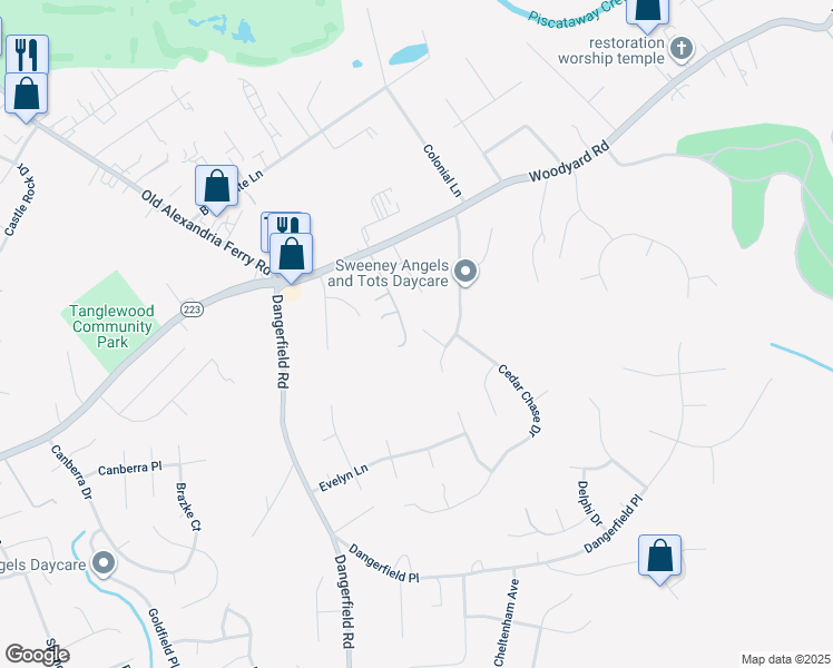 map of restaurants, bars, coffee shops, grocery stores, and more near 8301 Cedar View Court in Clinton