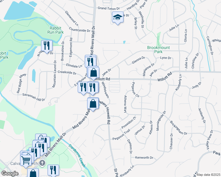 map of restaurants, bars, coffee shops, grocery stores, and more near 228 Candice Way in St. Peters