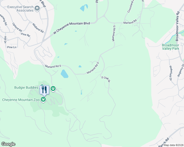 map of restaurants, bars, coffee shops, grocery stores, and more near 108 Marland Road South in Colorado Springs