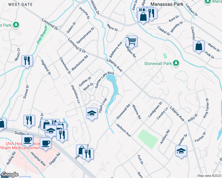 map of restaurants, bars, coffee shops, grocery stores, and more near 8319 Tillett Loop in Manassas