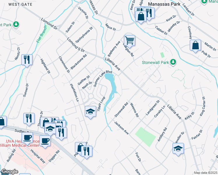 map of restaurants, bars, coffee shops, grocery stores, and more near 8319 Tillett Loop in Manassas