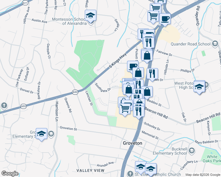map of restaurants, bars, coffee shops, grocery stores, and more near Tower Drive in Alexandria