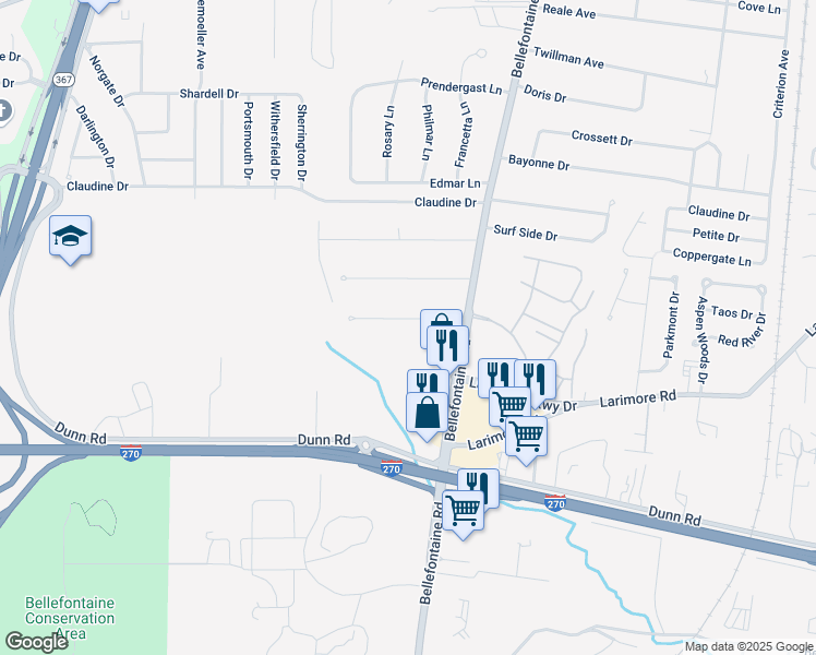 map of restaurants, bars, coffee shops, grocery stores, and more near 1642 Muriel Drive in St. Louis