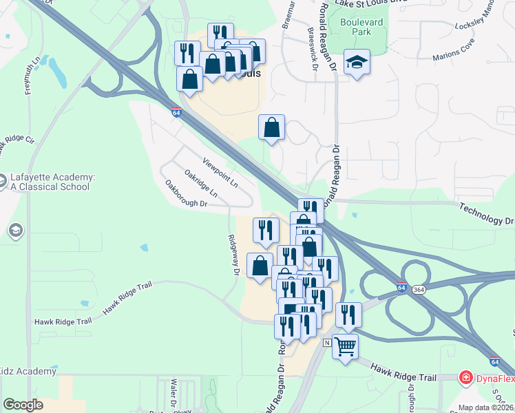 map of restaurants, bars, coffee shops, grocery stores, and more near 322 Viewpoint Lane in O'Fallon