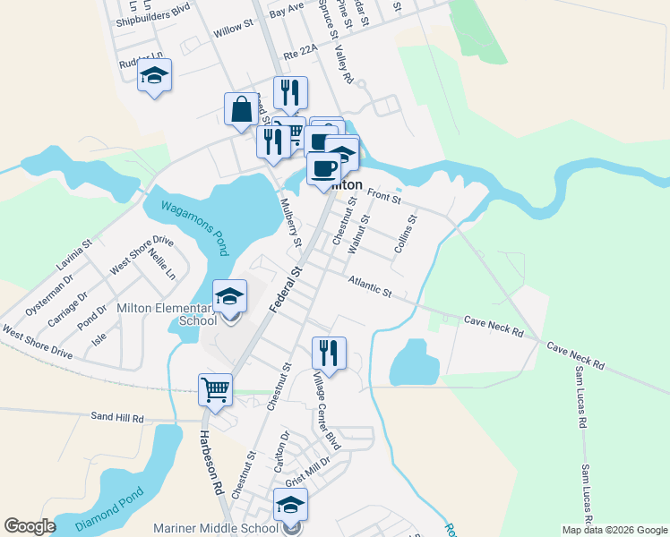 map of restaurants, bars, coffee shops, grocery stores, and more near 308 Chestnut Street in Milton