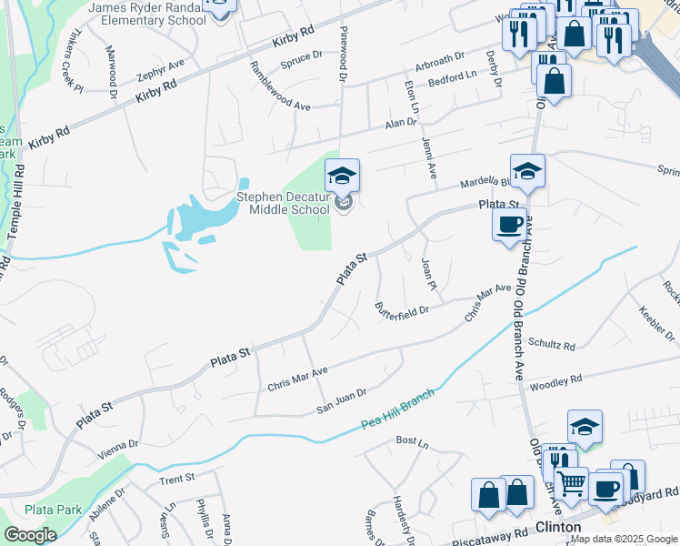 map of restaurants, bars, coffee shops, grocery stores, and more near 5710 Plata Street in Clinton
