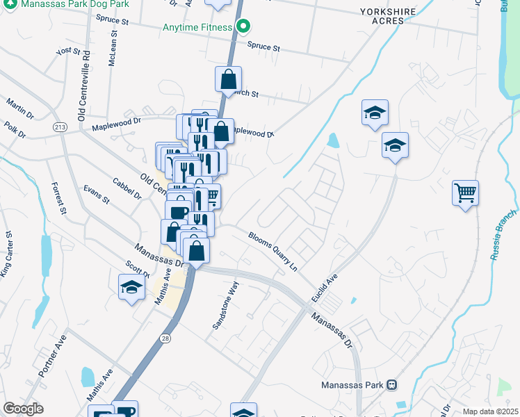 map of restaurants, bars, coffee shops, grocery stores, and more near 8069 Towering Oak Way in Manassas