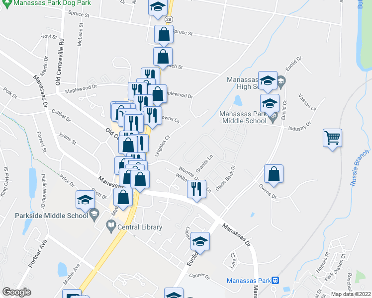 map of restaurants, bars, coffee shops, grocery stores, and more near 8069 Towering Oak Way in Manassas