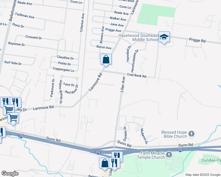 map of restaurants, bars, coffee shops, grocery stores, and more near 11510 Larimore Road in St. Louis