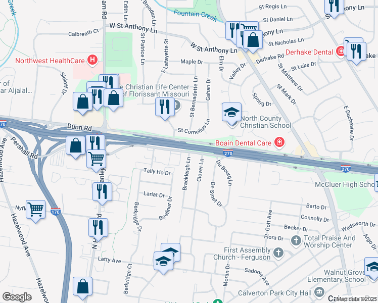 map of restaurants, bars, coffee shops, grocery stores, and more near Pershall Rd & Brackleigh Ln in Florissant