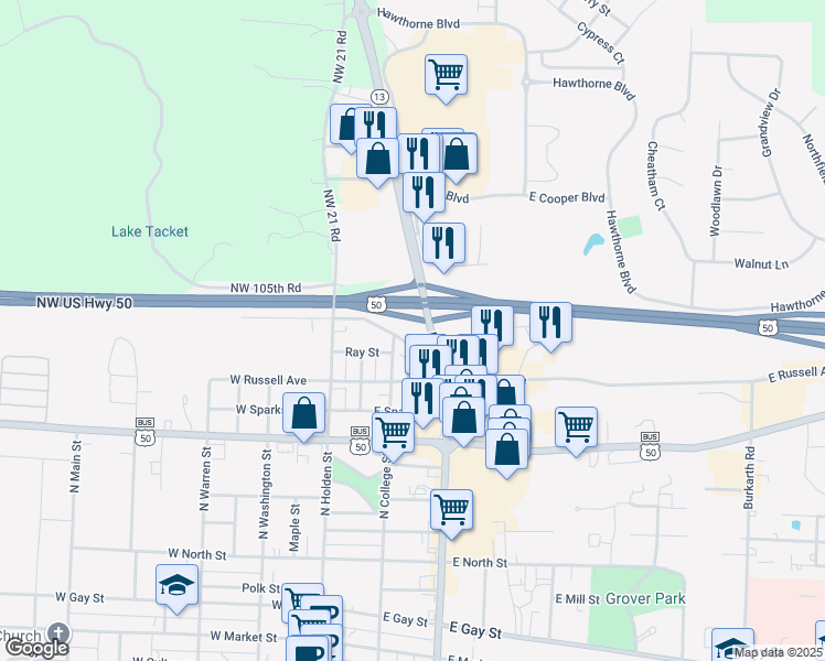 map of restaurants, bars, coffee shops, grocery stores, and more near 205 East Cleveland Street in Warrensburg