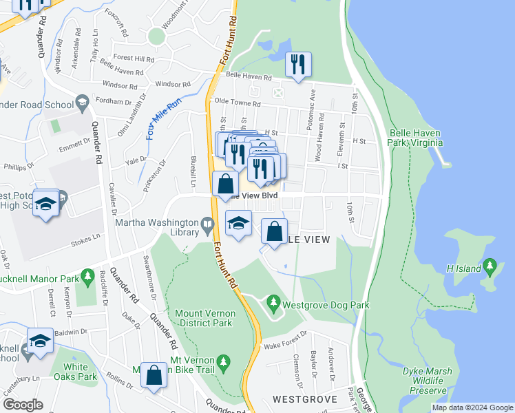 map of restaurants, bars, coffee shops, grocery stores, and more near 1601 Belle View Boulevard in Alexandria
