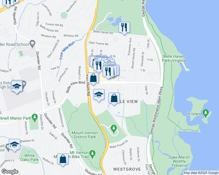 map of restaurants, bars, coffee shops, grocery stores, and more near 1517 Belle View Boulevard in Alexandria