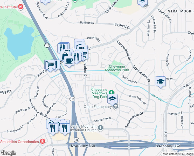 map of restaurants, bars, coffee shops, grocery stores, and more near 3902 Leah Heights in Colorado Springs
