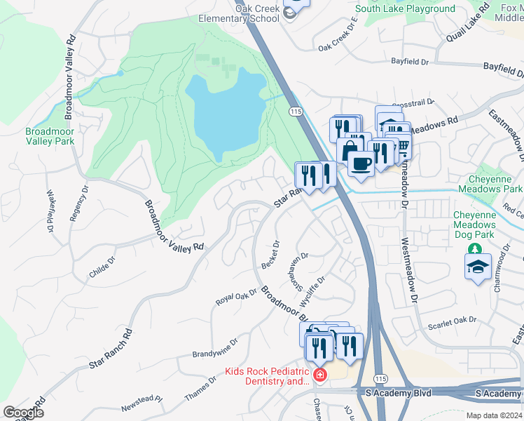 map of restaurants, bars, coffee shops, grocery stores, and more near 420 Autumn Ridge Circle in Colorado Springs