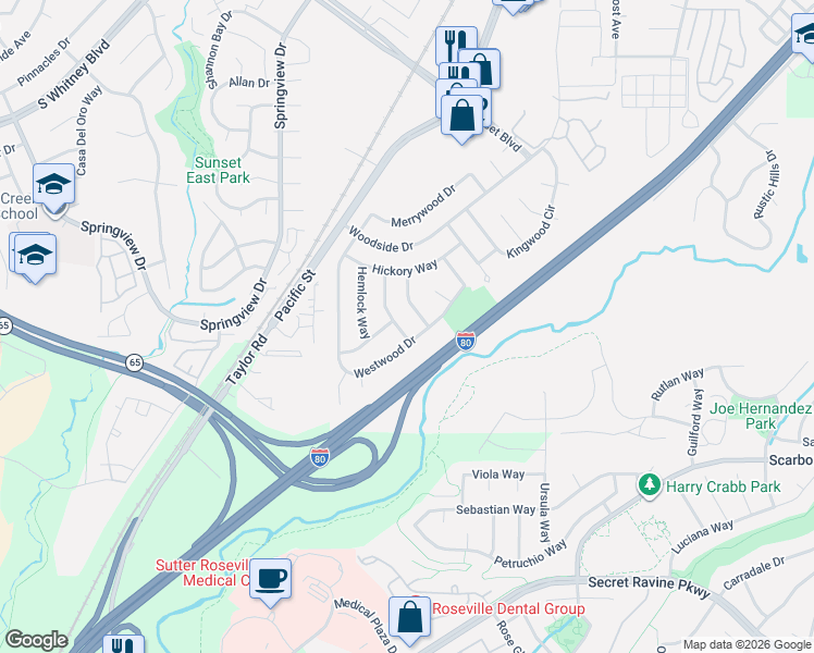 map of restaurants, bars, coffee shops, grocery stores, and more near 6533 Pinebrook Way in Rocklin