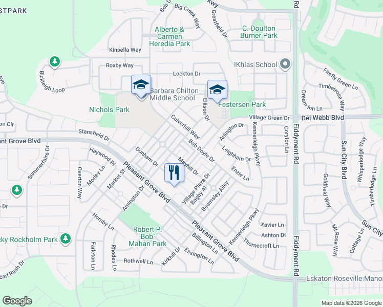 map of restaurants, bars, coffee shops, grocery stores, and more near 2080 Honey Church Place in Roseville