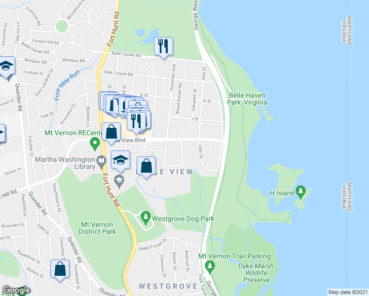 map of restaurants, bars, coffee shops, grocery stores, and more near 1203 Belle View Boulevard in Alexandria